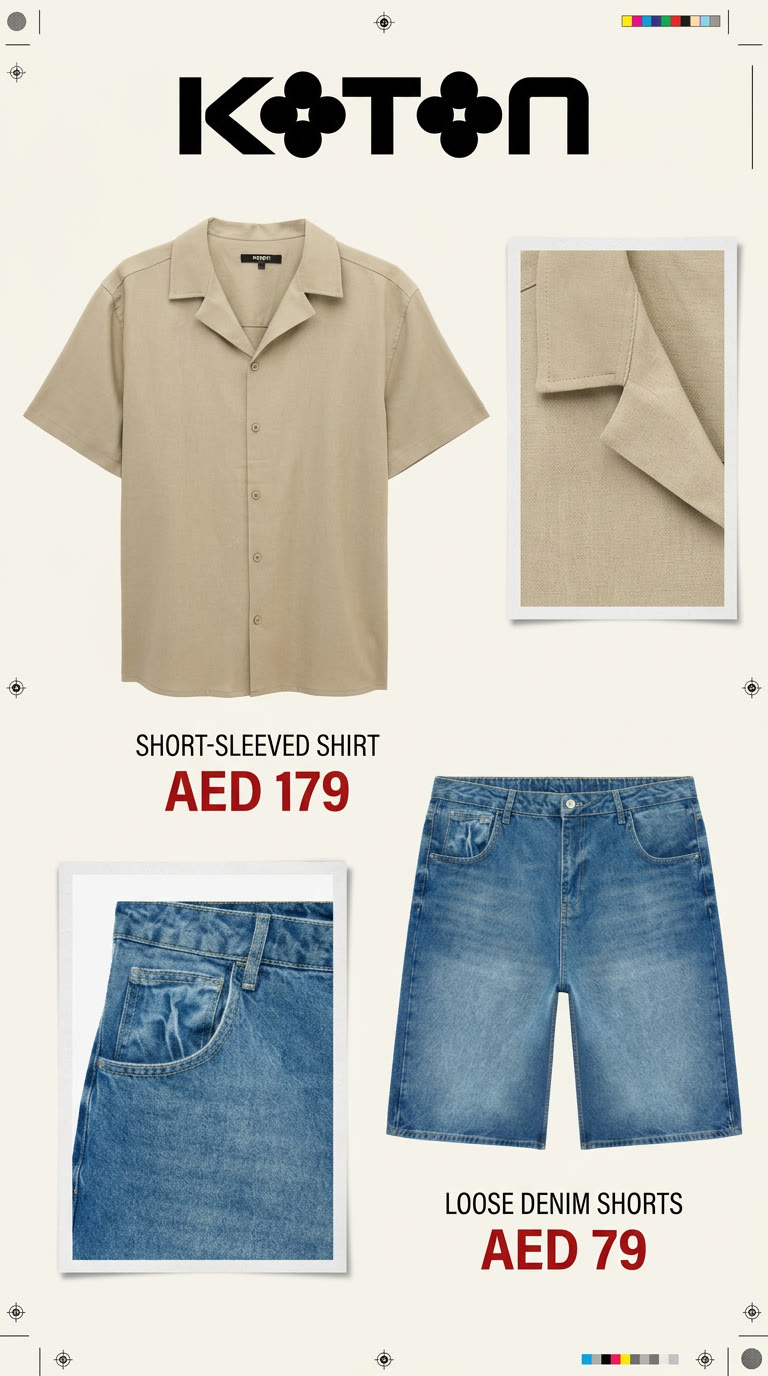 Product page: beige short-sleeved shirt and loose denim shorts