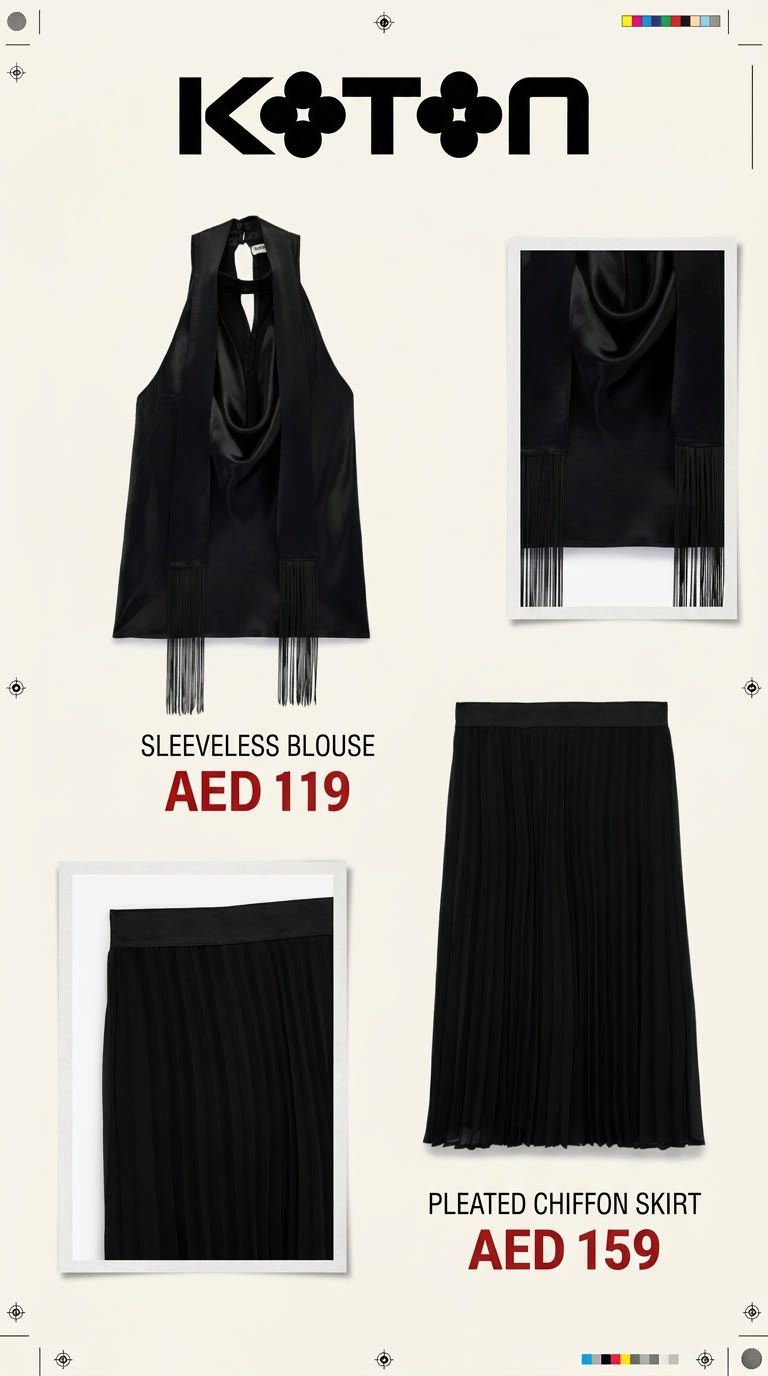Product page: black sleeveless blouse and pleated chiffon skirt