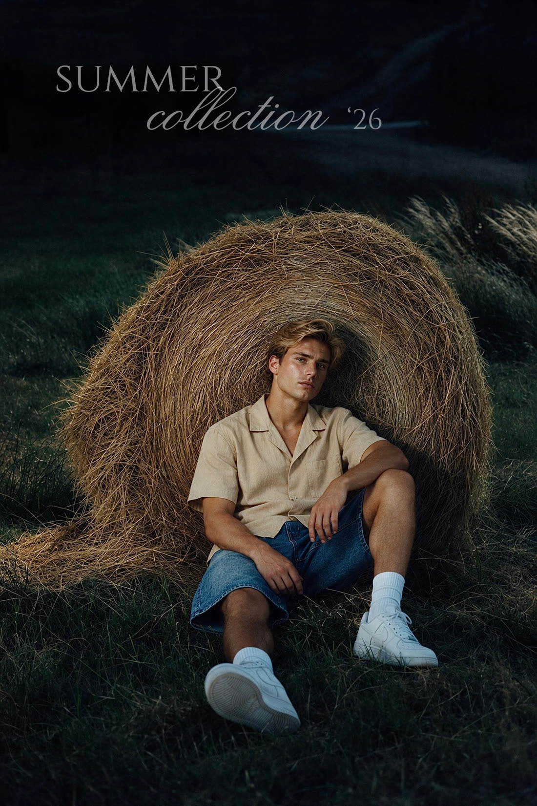 Campaign: the shirt and shorts worn against a hay bale at dusk