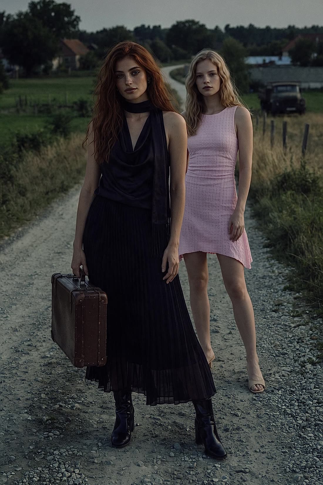 Campaign: both looks worn on a gravel country road at dusk